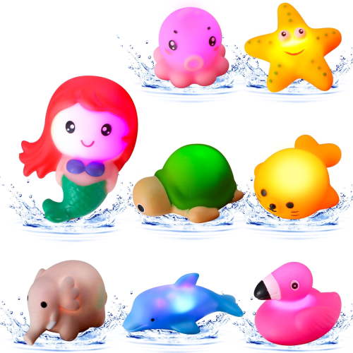 sixwipe 8 Pack Light Up Bath Toys, Water Activated LED No Hole Pool Toys Set, Glowing Flashing Cartoon Animals Design for Toddlers 3+, Bath Time & Pool Party Fun, Gifts for Kids Boys Girls