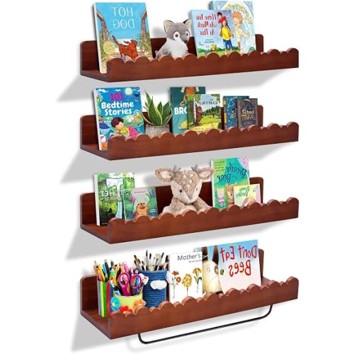 Nursery Shelves, 4PCS Wood Floating Book Shelves Scalloped Shelves for Wall Bedroom Toddler Room Baby Room Playroom Nursery Decorations and Book Display (Wood)