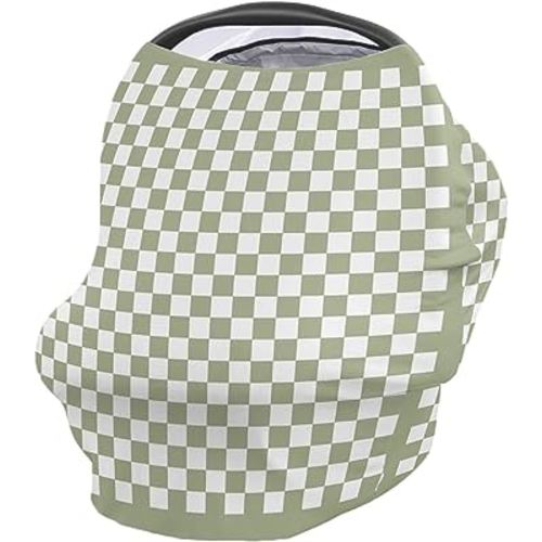 Sage Green Car Seat Covers for Babies, Nursing Breastfeeding Covers Stretchy Breathable Baby Carseat Canopy Cover for Girls and Boys Shower Gifts Modern Minimalism Checkered Plaid