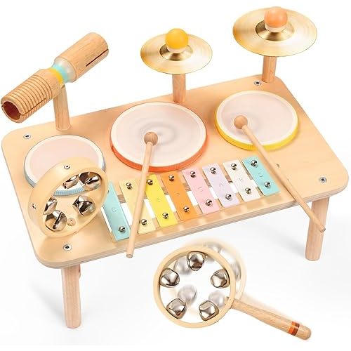 WINGYZ Kids Drum Set – 10-in-1 Montessori Toys for 1-3 Year Old & Wooden Musical Instruments for Toddlers, Baby Musical Toys with Drums, Xylophone, Cymbals, Bell & Tone Block, Gift for 1-3 Boys Girls