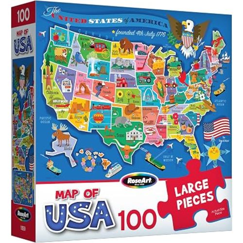RoseArt Map of USA Puzzle for Kids – 100 Large Pieces, 24" x 18" – Educational United States Puzzle with Fun State Illustrations – Made in USA – Learning Toy for Ages 6+