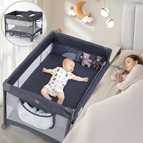 Dripex 5 in 1 Pack n Play with Bassinet, 2-Level Height Bedside Crib, Storage Pocket & Breathable Mesh - Foldable Portable Baby Playard for Newborn to Toddlers (Travel/Home), Dark Grey