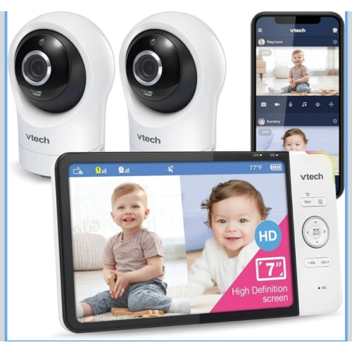 VTech RM7764-2HD Smart WiFi 2 Camera BabyMonitor, 360° Pan&Tilt, 10X Zoom, 7” HD Display & NightVision, Soothing Sounds, 2-Way Talk, Temperature & Motion Detection