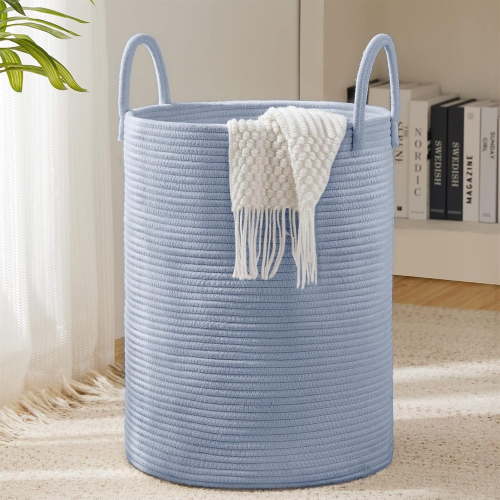 KUNPENG Cotton Rope Woven Storage Basket with Handles, Collapsible Large Laundry Hamper & Toy Organizer, Decorative Wicker Basket for Organizing Blankets, Towels & Laundry