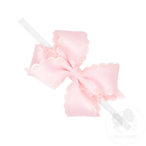 Small Grosgrain Hair Bow with Embossed Eyelet Edge on White Nylon Band - POWDER PINK | Wee Ones Hair Bows & Accessories