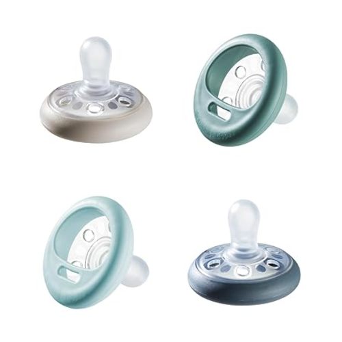 Tommee Tippee Breast-Like Pacifier, 0-6 Months, Symmetrical Design, Natural Breast-Like Baglet, BPA-Free Binkies, Rose/Green/Cream, Pack of 4