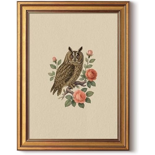 InSimSea Gold Framed Canvas Prints Wall Art, Vintage Birds Decor, Birds Owl Roses Paintings Farmhouse Wall Decor Aesthetic, Antique Minimalist Pictures for Bedroom Living Room Shelf, 12x16inch