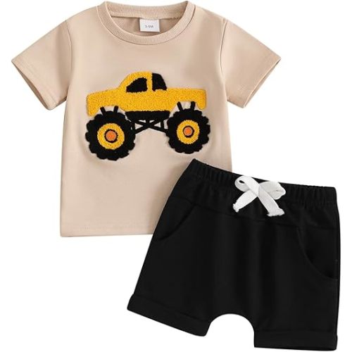 fhutpw Toddler Baby Boy Summer Clothes Embroidery T-Shirt Casual Shorts Sets Infant Truck Excavator Dinosaur Pattern Outfits
