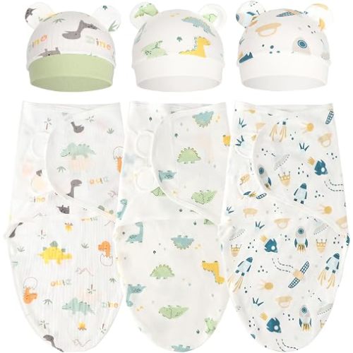 BQUBO 3 Pack Baby Swaddle Sleep Sacks Swaddle Blanket Newborn Swaddle Sack with Bear Ears Hat for Baby Boys Girls
