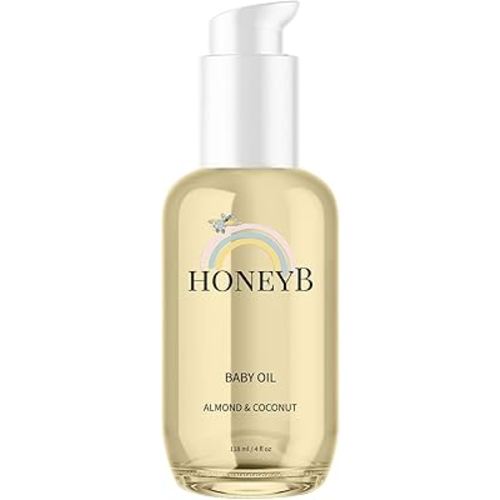 HoneyB Soothing Baby Oil with Almond & Coconut Oils for Increased Hydration - Clean and Plant-Based Baby Coconut Oil for Newborn, Baby Massage Oil, Coconut Baby Oil, 4oz
