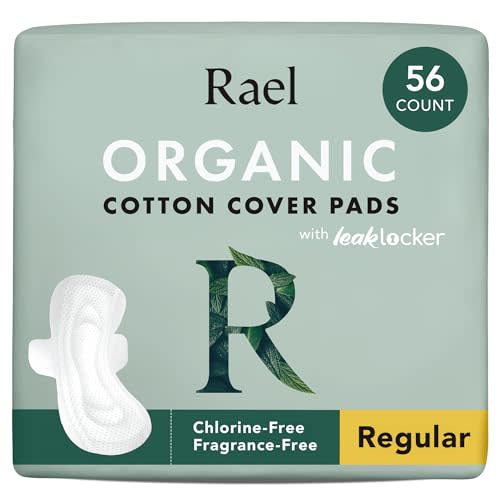 Rael Organic Cotton Cover Pads - Regular Absorbency, Unscented, Ultra Thin Pads with Wings for Women (56 Total)