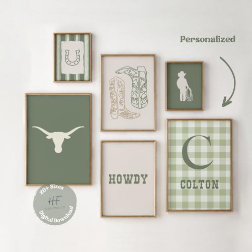 Cowboy Gingham Nursery Gallery Wall Art, Boys Green Nursery Decor, Western Room Decor, Rustic Nursery, Rodeo Baby Set of 6 Wall Art Prints