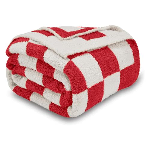CozeCube Christmas Red Reversible Checkered Knit Throw Blanket 60"x80" | Super Soft Fullfy Microfiber Knitted Blankets , Warm Cozy Fuzzy Plush Throw, For Couch Bed Sofa