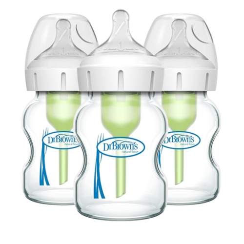Dr. Brown's Natural Flow Anti-Colic Options+ Wide-Neck Glass Baby Bottles 5 oz/150 mL, with Level 1 Slow Flow Nipple, 3 Pack, 0m+