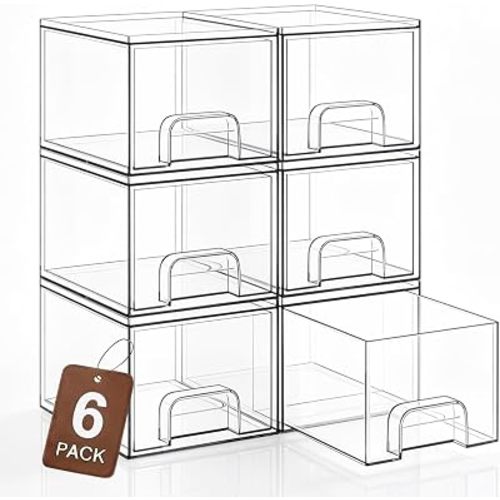 6 Pack Clear Stackable Storage Drawers, Medicine Organizer for Countertop