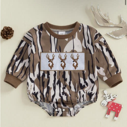 Baby Boy Romper, Long Sleeve Crew Neck Camouflage Embroidery Deer Fall Bodysuit Clothes For Casual Daily | SHEIN USA