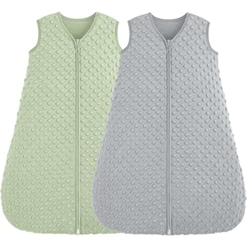 Fleece Baby Sleep Sack 0-6 Months, 1.5 TOG Cotton Baby Wearable Blanket With Soft Plush Dots, 2 Pack Newborn and Infant Warm Sleeping Sack with 2-Way Zipper Green&Grey