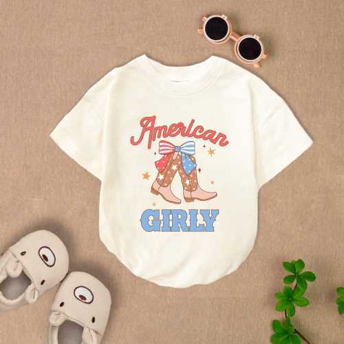 American Girl Baby Romper Short Sleeves, 4Th Of July Cowgirl Baby Romper, Independence Day Baby Bodysuit, Patriotic Cowgirl Romper