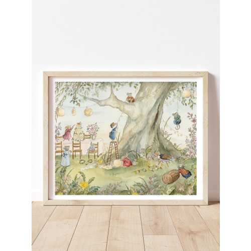 Mice Gathering Watercolor Hand-Painted Art Print - Vintage Nursery Decor, whimsical wall art