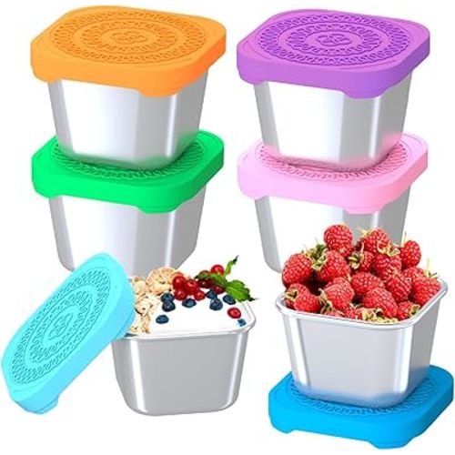 6Pack 6oz Stainless Steel Snack Containers for Kids, Leak Proof Small Food Storage Container with Silicone Lid, Easy Open Leak Proof Stainless Steel Food Storage Containers with Silicone Lids