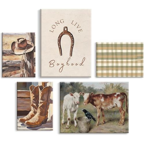 Cowboy Wall Art Nursery Canvas Pictures Western Cow Wall Decor Boys Room Prints Vintage Poster Baby Children Pictures Rustic Painting Cowboy Hats Artwork for Farmhouse Bedroom 8x10 Inch Ready to Hang
