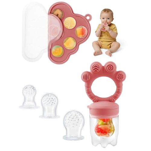 LOTBILL Breastmilk Popsicle Molds & Baby Fruit Food Feeder Pacifier, Silicone Baby Food Storage Containers, Baby Popsicle Molds Teething for Toddler Teething & Infant Self Feeding (Pink)