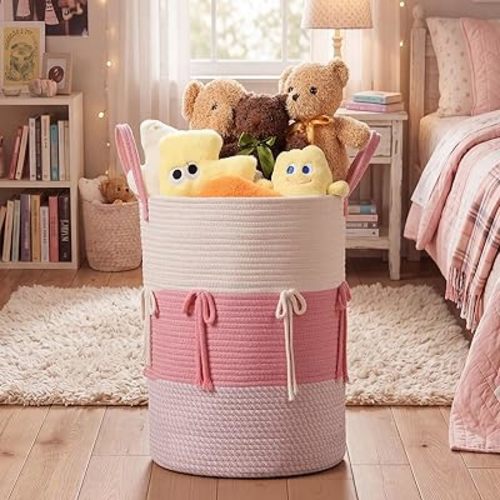 Domensi Pink Bow Baby Storage Basket, 15 x 17.7 Inches Coquette Laundry Basket Hamper Soft Woven Cotton Rope Storage for Home Bedroom Dormitories Office Nursery Organization