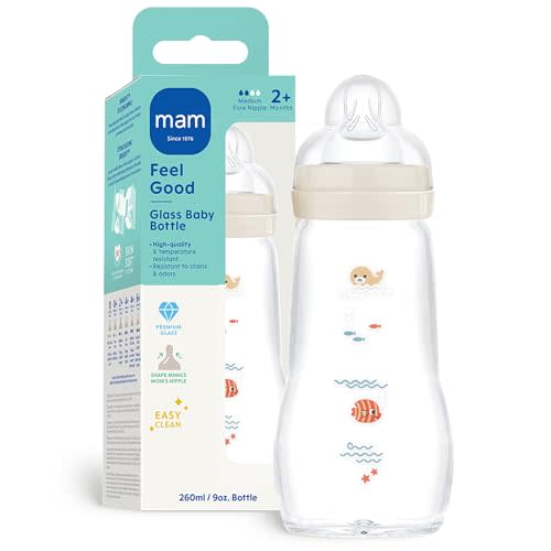 MAM 9oz Feel Good Pure Glass Anti-Colic Wide Neck Baby Bottle, Medium Flow Skin Soft Silicone Nipple, Easy to Clean, BPA Free, 2+ Mths, Easy Switch Between Breast & Bottle, Made in Europe, 1 PK Unisex