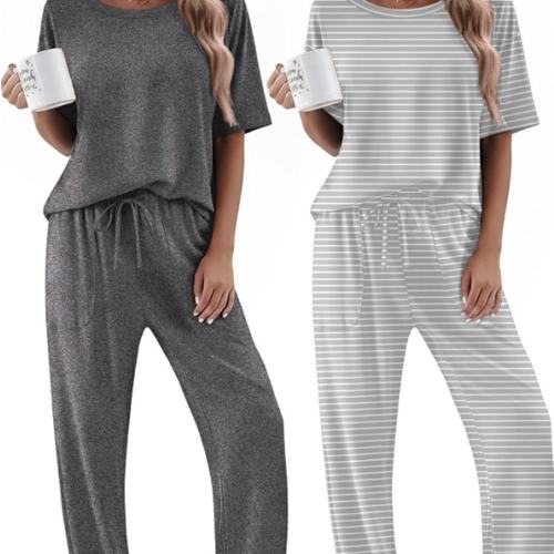 Ekouaer 2 Pack Womens Pajama Sets Short Sleeve Tops and Long Pants Casual Comfy Pjs Lounge Set with Pockets,S-XXL