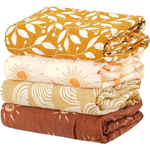 4 Set Muslin Swaddle Blankets for Newborn Baby Boys, Girls - Cute Soft Print Baby Towel Wrap 120x110cm - Yellow Floral