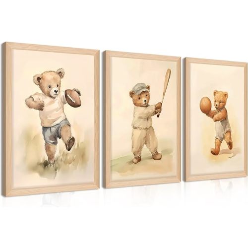 Framed Teddy Bear Wall Art Nursery Decor Set of 3, Bear Sleeping on The Moon and Stars Pictures Canvas, Neutral Bears Poster Prints Wall Decor for Kids Baby Room Girls Children Room – 12x16 inch