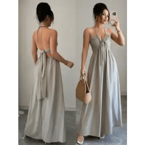 Women's Solid Color Halter Tie Neck Maxi Dress, Sleeveless Flowy Long Dress