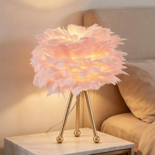 Maxax 14.5" Feather Table Lamp, Romantic Decorative Nightlight for Bedroom, Girl's Room, Pink Finish