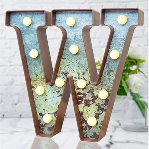 LED Marquee Light Up Letters Industrial Vintage Style Lighted Letters Rust Metal Effect Marquee Letter with Lights Illumination Letter Signs for Christmas Wedding Birthday Party Home Cafe Bar Decor-W