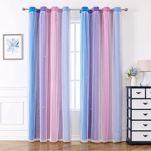 Azurehop Lot de 2 rideaux occultants à œillets double couche pour chambre d'enfant, motif étoiles arc-en-ciel, 160 cm de long, bleu/violet/rose, 132 x 160 cm (l x L)