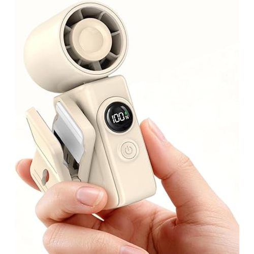 Portable Clip-On Mini Fan, Hands-Free, Turbo Personal Handheld Fans Rechargeable w/ 4 Wind & LED Display, Pocket Size Summer Cooling Essentials for Travel/EyeLash/Beach/Concert, Gifts for Women(Ivory)