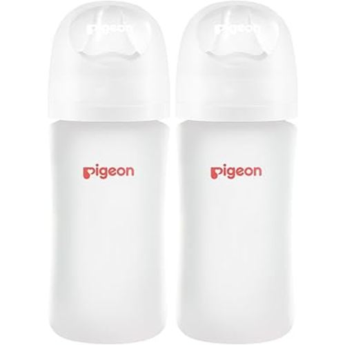 Pigeon Silicone Coating (Glass Inside/Silicone Outside) Baby Bottle, Wide Neck, Streamlined Body, Natural Feel, Easy to Clean, Heat-Resistant, 8 Oz (Pack of 2), Includes 2 pcs M Nipples (3m+)