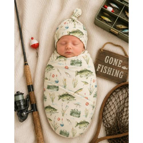 Vintage Bass Fishing Baby Swaddle Blanket, Angler Nursery Gift
