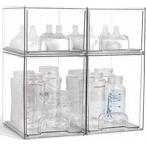 Baby Bottle Organizer, 4 Pack Clear Space-Saving Stackable Drawer with Handle, Baby Bottle Storage Organizer for Countertop and Cabinet