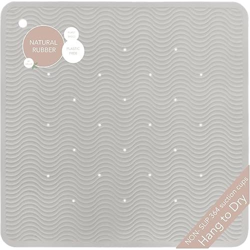 HEVEA Natural Rubber Wave Bath Mat – Square 21x21 in - Non-Slip Shower & Bathtub Mat with 364 Suction Cups, Plastic-Free & Biodegradable (Granite)