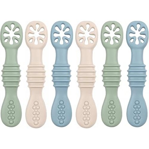 Baby Bliss 6 Pack Baby Spoons Self Feeding 6 Months +, Canadian Mom Owned Brand, Silicone Baby Feeding Spoons, Toddler Infant Baby Led Weaning Spoon, BPA Free (Dusty Teal, Almond, Sage)