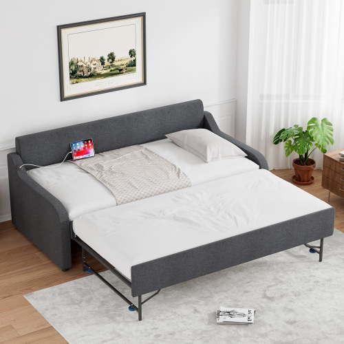 WIILAYOK Twin Size Daybed with Pop up Trundle Bed Can Be Flat or Erected, Linen Upholstered Daybed Frame with USB Charging Port for Adults,Dark Grey