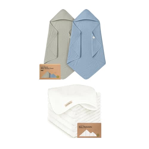 KeaBabies 2-Pack Muslin Hooded Baby Towels for Girls, Boys, and Baby Washcloths for Newborn, Toddlers - 100% Cotton Infant Bath Towel with Hood, Soft & Absorbent Washcloths for Toddlers
