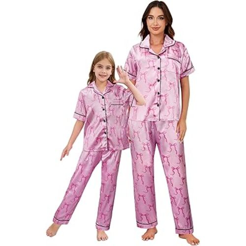 Mommy and Me Pajamas Mother Daughter Family Matching Sleepwear Button Down Silky Satin Nightwear