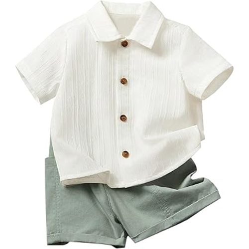 Toddler Baby Boys 2 Piece Textured Solid Short Sleeve Lapel Button Down Shirt and Shorts Summer Clothes Set for 6M-3Y