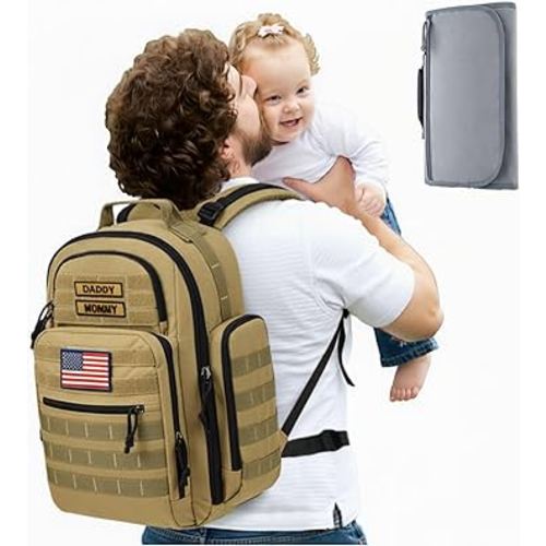 SHARKMOUTH Baby Diaper Bag for Men - Large Military Daddy Gear Backpack with Changing Pad for Travel Camping Hiking - Army Style for Active Dad Tan