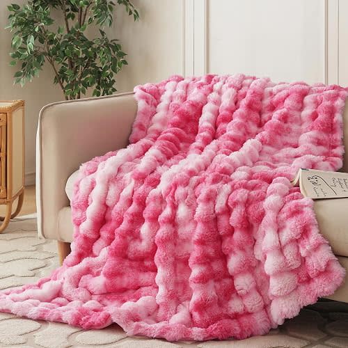 COOVA Faux Fur Throw Blanket for Couch, Cozy Soft and Fuzzy Plush Rabbit Fur Bubble Blanket for Sofa Bedroom Living Room, 60x80 Inches Tie Dye Pink