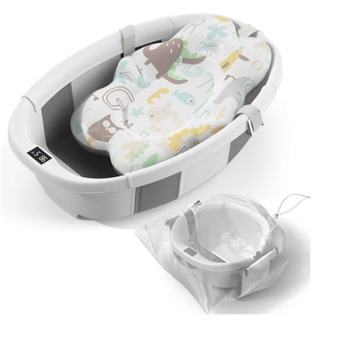 Collapsible Baby Bathtub - Large Baby Bath Tub with Thermometer & Cushion | Travel Portable Newborn Infant Bathtub | Foldable Toddler Bathtub for Baby 0 to 36 Months (Grey)