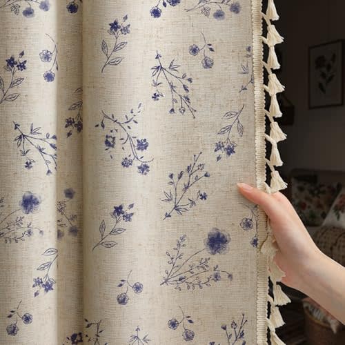 Boho Floral Spring 100% Blackout Curtains 84 Inch Length 2 Panels Set, Linen Texture Farmhouse Curtains with Beige Tassel for Living Room Bedroom, Vintage Rustic Rod Pocket, Dark Blue