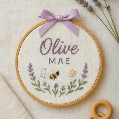 Embroidered Baby Name Hoop, Custom Daisy Nursery Wall Art, Oak Frame Floral Moon Sign, Personalized Gift